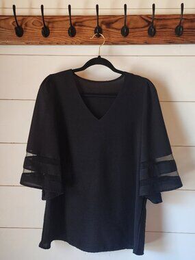 Black V Neck Blouse Sheer Sleeve Bands M Boutique Style